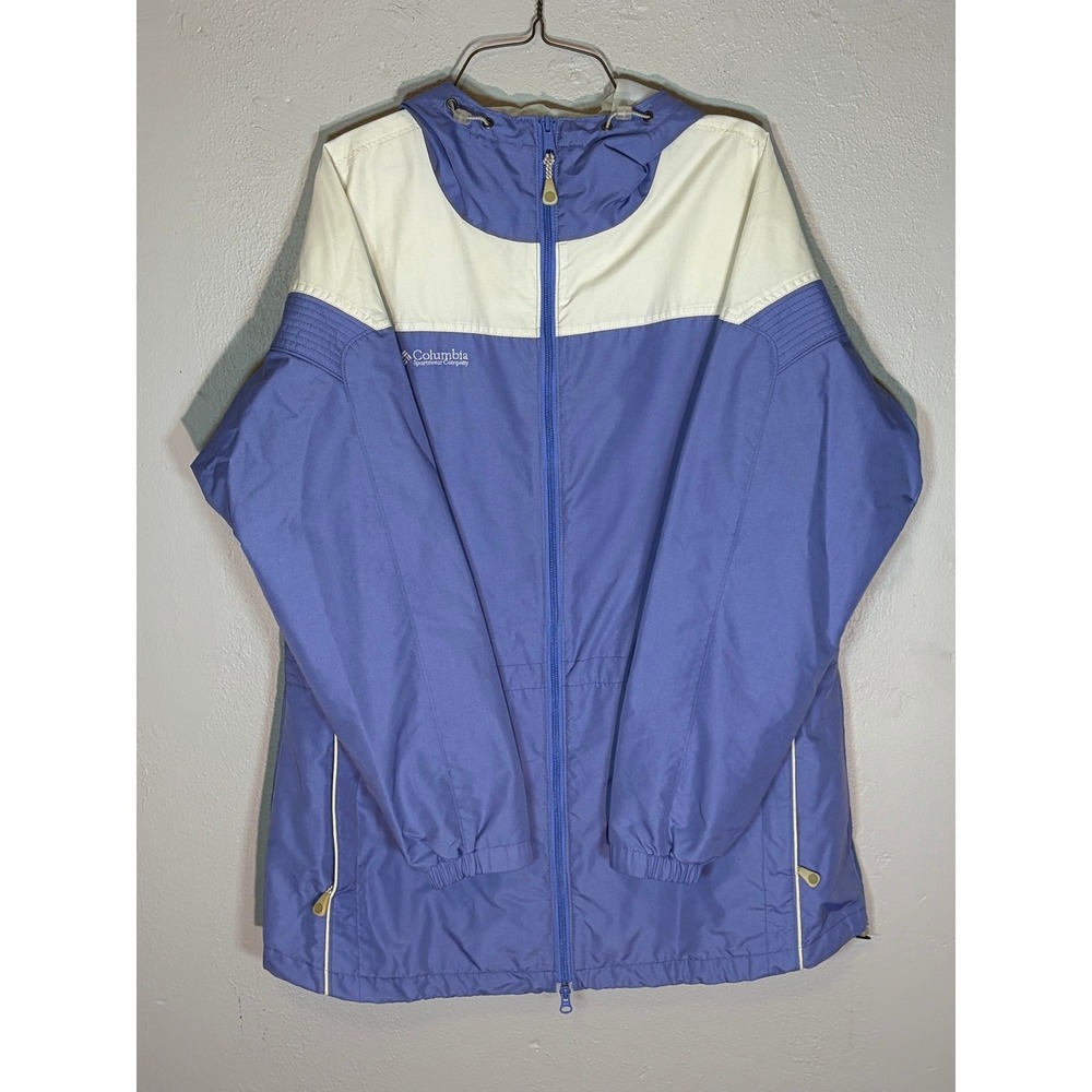 Columbia Sportswear Women XL Blue Cream Color Block Hooded Windbreaker Jacket